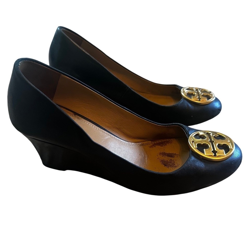 Tory Burch Black Leather Sally Wedge Pumps Women's 5